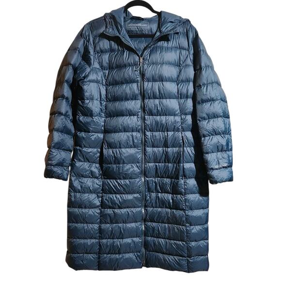 Eddie Bauer EB650 Down Jacket Womens XL Blue Long Puffer Hooded Lightweight Coat - Picture 1 of 14